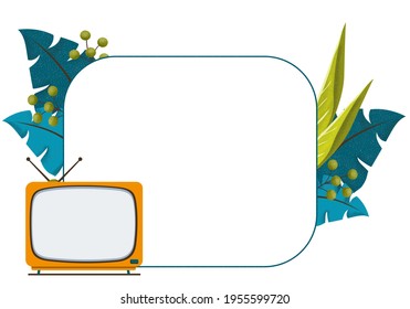 Isolated yellow television in old style and text frame with leaves decoration outside the corner. Object vector illustration on white background.  