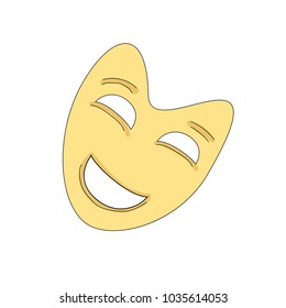 Isolated yellow theater mask. Black line. Happy emotion. Mood expression. Emotional performance. Traditional theater symbol. Comedy mask. Happy face. Icon for interface design. Cartoon style. EPS-8