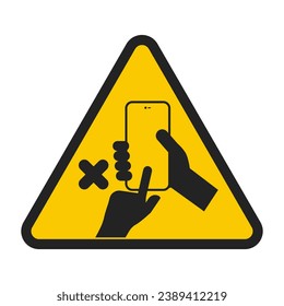 Isolated yellow triangle safety sign of do not use cellphone, cellular phone is prohibited, handphone not allowed