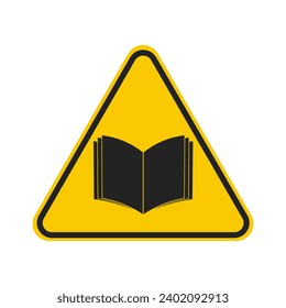 Isolated yellow triangle safety sign of read manual book instruction with illustration openned document book 