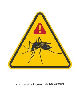 Isolated yellow triangle safety sign warning of mosquito area advising insect repellent use for bite prevention and protection