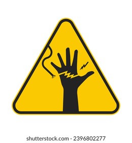 Isolated yellow triangle sign danger precaution high voltage electric shock, with illustration man electrocuted with lightning electric symbol when touch electric cable