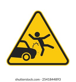 Isolated yellow triangle sign man hit by a car, pedestrian side road safety alert