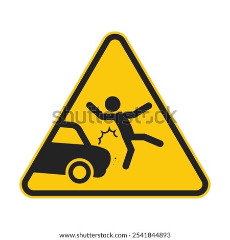 Isolated yellow triangle sign man hit by a car, pedestrian side road safety alert