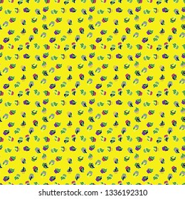 Isolated in yellow, white and green colors. Can use for birthday card, the children menu, packaging, textiles, fabrics, wallpaper. Vector sketch. Seamless pattern with sweets - ice cream, cupcakes.