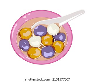 Isolated yellow, white and purple tang yuan in pink bowl. Glutinous rice balls and spoon on white background vector drawing. Colorfull Chinese sweet. Traditional Asian sweet.   