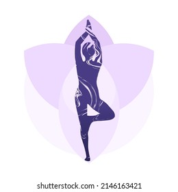 Isolated yoga label with Tree  pose and flower of lotus.  Isolated woman silhouette standing with abstract violet grunge paintbrush splashes. Logo of yoga pose  in sketch style for your  design