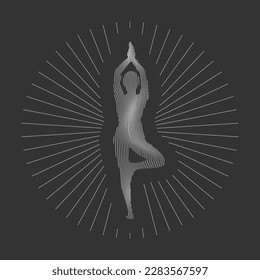 Isolated yoga label with Tree pose from waves lines.  Isolated woman silhouette in gray. Logo of yoga pose  in sketch style for your  design, UI.  EPS10. 