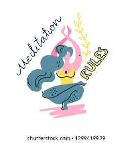 Isolated yoga logotype. Balancing girl. Flat trendy style. Meditation rules