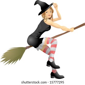 An isolated young beautiful witch flying on her broomstick An isolated young beautiful witch flying on her broomstick