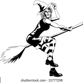 An isolated young beautiful witch flying on her broomstick