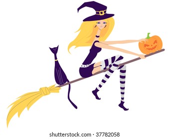 Isolated young beautiful witch and her cat flying on broomstick. Vector illustration.