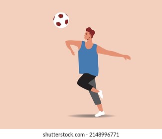 Isolated young footballer. Flat vector stock illustration. Person plays football with ball. Illustration for design