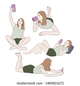 Isolated  young girl  with cellphone surfing internet and making selfie.Set of teenager silhouettes laying on bed with cup. Hugge cozy home atmosphere motifs.  Hand drawn cartoon style  illustrations.