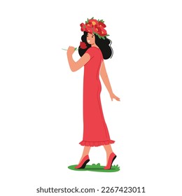 Joven aislada con corona de flores coloridas y vestidos rojos largos caminando por la pradera y sofocando flores. Hermoso Personaje Femenino Disfrutando Del Summertime. Ilustración de vectores de personas de caricatura