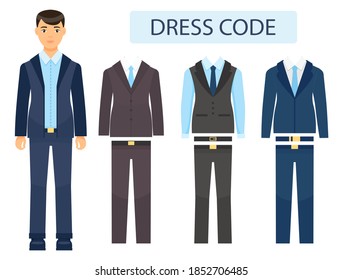 Isolated young guy in formal suit. Collection of office costumes with jackets, vest, tie, trousers in blue and brown colors. Dresscode constructor. Brown-haired adult guy wearing office style