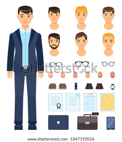Isolated young guy in formal suit. Change set of businessman. Different types and colors of haircuts, beard, eyeglasses, skin colors, clock, bowtie, document, report, suitcase, diplomat, smartphone