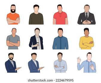 Joven aislado y apuesto hombre puesto en diferentes poses sobre ilustración de fondo blanco
