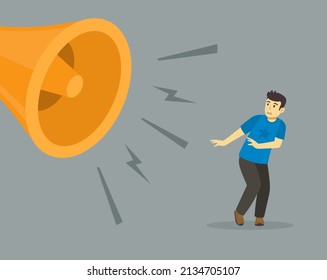 Isolated young male character scared of huge orange screaming megaphone or horn. Flat vector illustration template.