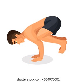 Isolated young man in good physical shape makes bakasana pose. Sporty boy working out and doing handstand yoga asana. Vector illustration of strengthening human muscles by exercise in crane pose