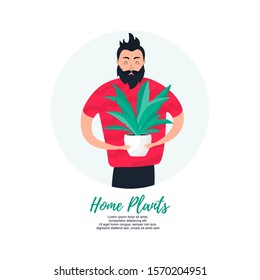 Isolated young man keeping in hands home plant in pot. Buy your houseplant concept in modern flat style. Vector Illustration 