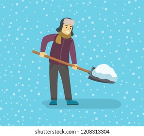 Isolated young man removing snow with a shovel. Flat vector illustration template.