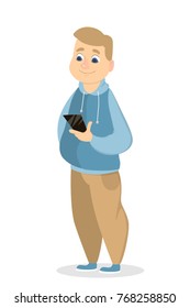 Isolated young man with smartphone on white.