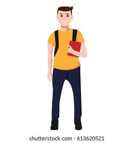 Isolated young man. Student with red book