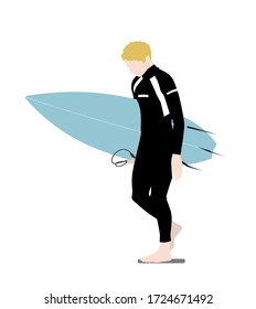 Isolated young man surfer walking and carrying his surfboard. Surf, water. Flat style vector illustration.