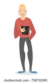 Isolated young man with tablet or notebook on white.