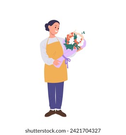 Isolated young smiling woman florist cartoon character making beautiful flower bouquet for selling