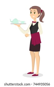 Isolated young waitress with tray on white background.