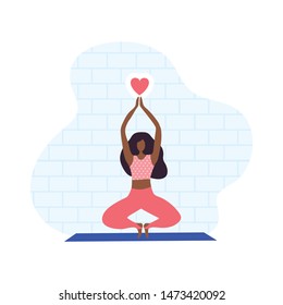 Isolated young woman character doing yoga at home. Love yoga. Time for healthy life with yoga exercise. Vector Illustration. Girl holding heart in her hands