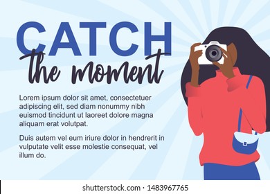 Isolated young woman doing photo. Woman in modern flat style.  Web concept. Photography girl with camera in hand. Vector Illustration