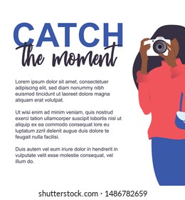 Isolated young woman doing photo. Woman in modern flat style. Photography girl with camera in hand concept. Vector Illustration. Catch the moment