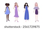 Isolated young women standing set on a white backgrond. Simple figure without face.Illustrations of women with different hairstyles, skin color. Their clothes are in blue, purple, pink tones