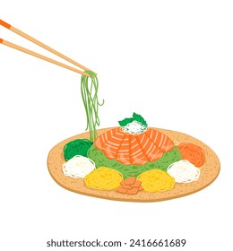 Yu Sheng, aislado, palillos que mezclan la prosperidad ensalada cruda de pescado . Isolación cerca de la ilustración vectorial de Yu Sheng. Plato de año nuevo con palillos, Año Nuevo chino, plato de salmón. 