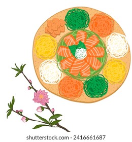 Aislado Yu Sheng, ensalada cruda de pescado con palillos en la mesa en la parte superior. Isolación cerca de la ilustración vectorial de Yu Sheng. Plato de año nuevo con flores rosas, Año Nuevo chino, plato de salmón. 