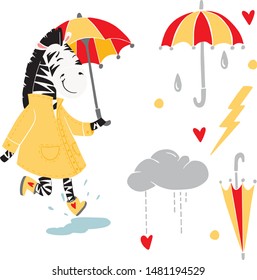 Isolated zebra illustration drawn in vector, cartoon style. Additional elements of the set: clouds, lightning, umbrellas. Can be used for children's textiles, clothing, invitations, children's books 