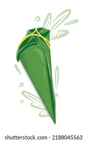 Isolated Zongzi on white background, a couple of sticky rice dumpling. Chinese traditional food Dragon boat festival. Close up hand drawing vector illustration. 