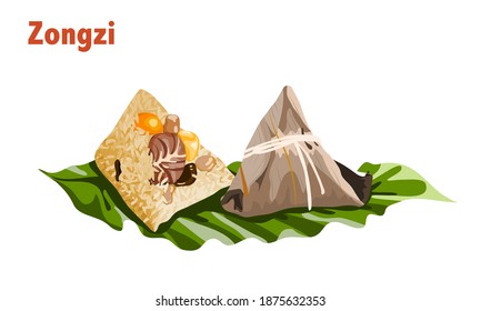 Isolated Zongzi, a sticky rice dumpling on leaves white background. Close up hand drawing vector illustration.