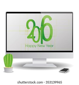 Isolatedand computer screen with a new year screensaver