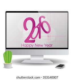 Isolatedand computer screen with a new year screensaver