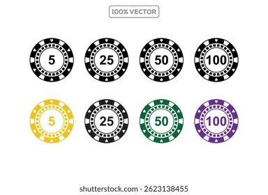 Isola o conjunto de vetores de ícones de fichas de Poker. Símbolo de chip de pôquer Black Casino. Vetor de coleção de elementos gráficos de jogo