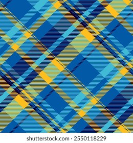 Isolation check tartan seamless, detailed vector background pattern. Throw textile plaid texture fabric in cyan and amber colors palette.