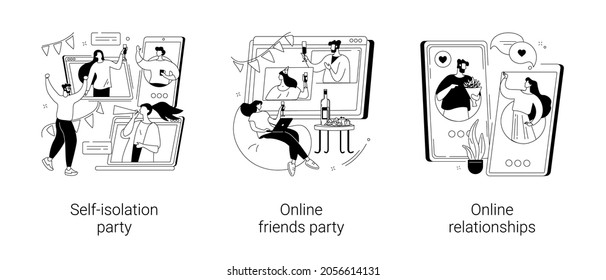 Isolation entertainment abstract concept vector illustration set. Self-isolation party, online friends party, virtual dating, zoom videoconference, virtual chat, social network abstract metaphor.