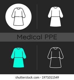 Isolation gown dark theme icons set. Protective wear from virus infection. Quarantine safety. Disposable PPE. Linear white, solid glyph and RGB color styles. Isolated vector illustrations