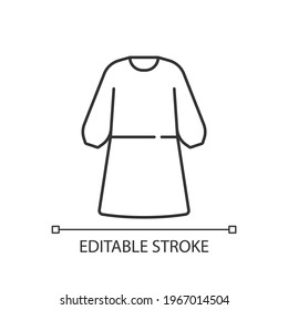 Isolation gown linear icon. Protective wear from virus. Reusable suit, work with hazard material. Thin line customizable illustration. Contour symbol. Vector isolated outline drawing. Editable stroke