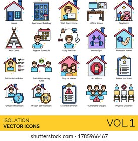 Isolation Icons Including House, Apartment Building, Work From Home, Office Space, Playroom, Man Cave, Regular Schedule, Daily Routine, Gym, Social Distancing, No Visitor, Essential Errands, Physical.