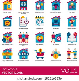 Isolation Icons Including House, Apartment Building, Work From Home, Office Space, Playroom, Man Cave, Regular Schedule, Daily Routine, Fitness, Social Distancing, Stay, No Visitor, Self-isolation.